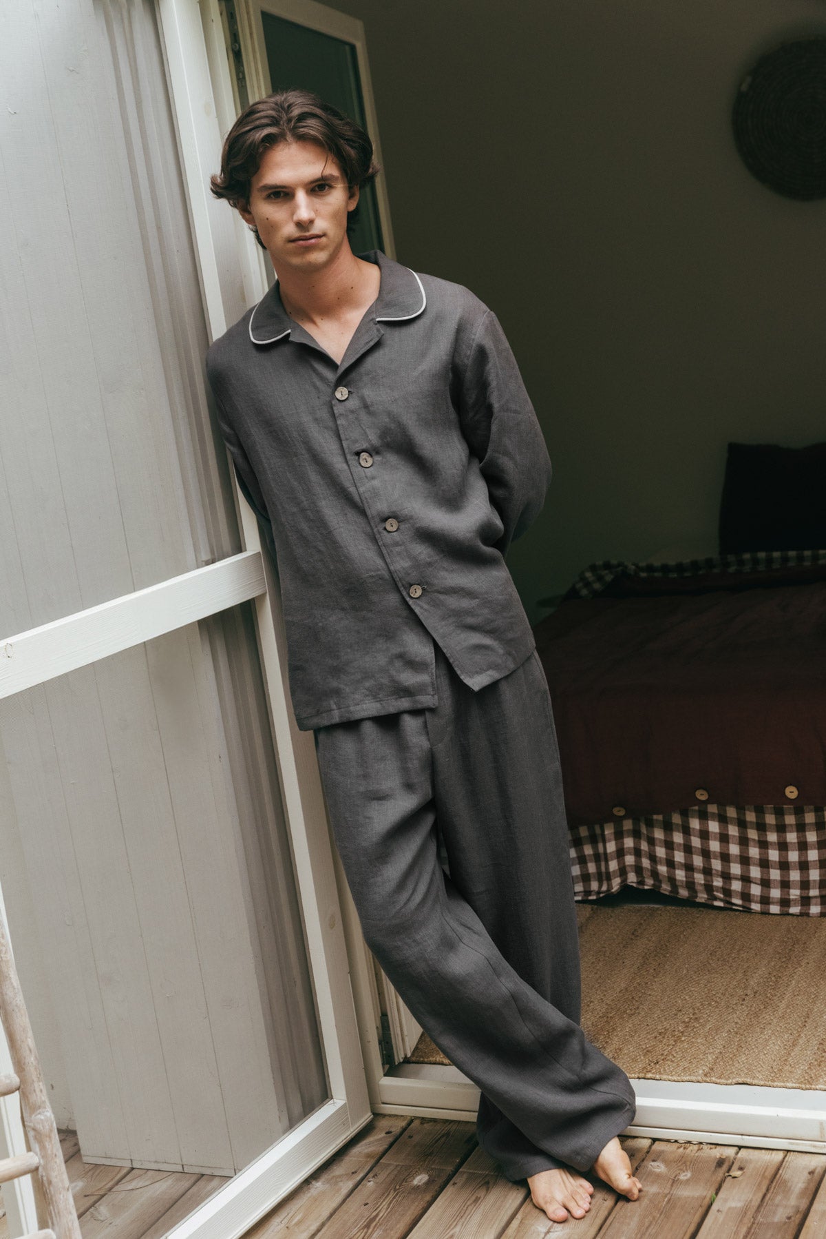 Klassisches leinen pyjama set HARRY - Anthrazit