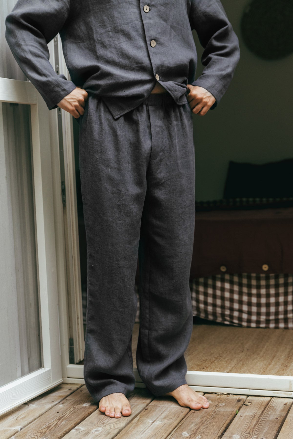 Klassisches leinen pyjama set HARRY - Anthrazit