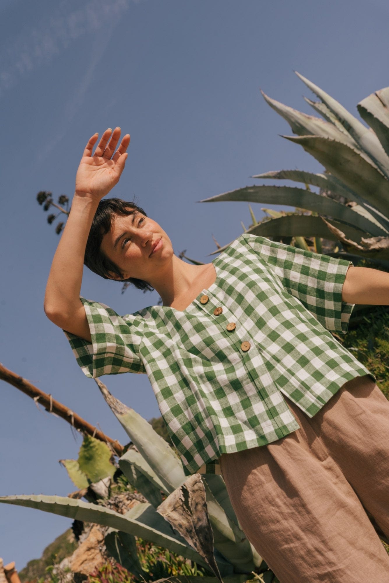 Leinentop MAEVE mit Knöpfen - Grünes Gingham
