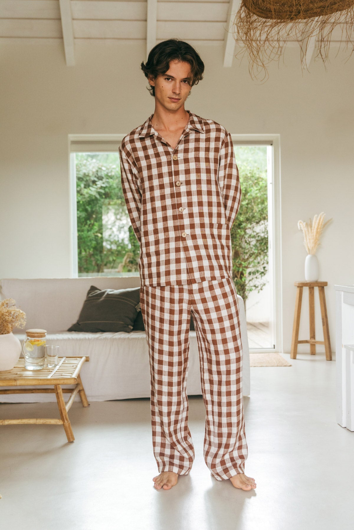 Leinen loungewear set OLIVER - Mokka Gingham