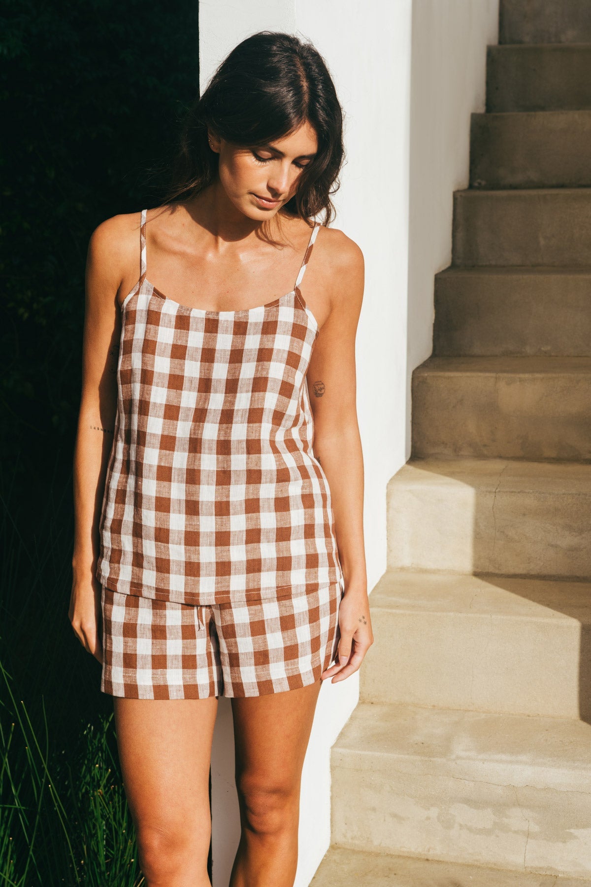 Ärmelloses Pyjama-Set NIGHT OWL - Mokka Gingham
