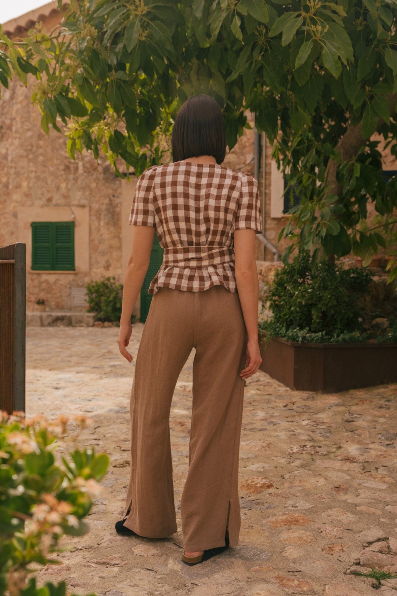 Breite Leinenhose LEAH mit Schlitzen - Rosenbraun