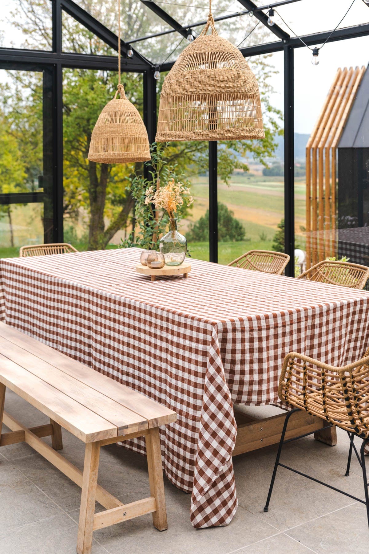 Runde Tischdecke aus Leinen - Mokka Gingham