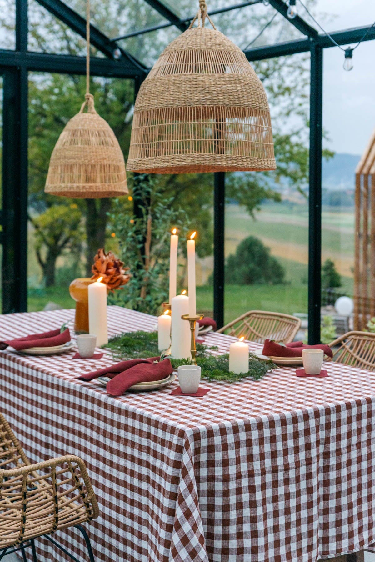 Runde Tischdecke aus Leinen - Mokka Gingham
