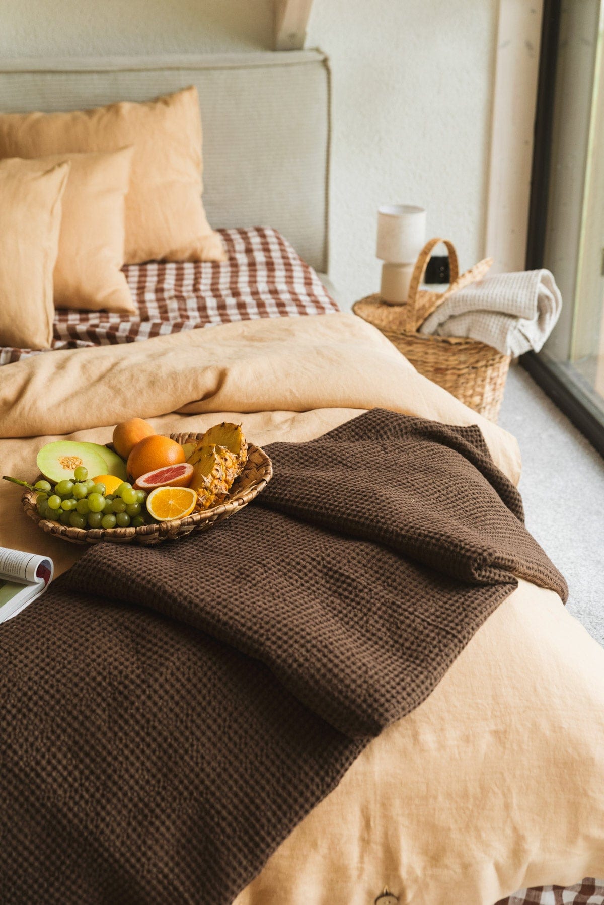 AmourLinen Linen waffle blanket Linen waffle blanket in Mocha Brown Linen waffle blanket in Mocha Brown