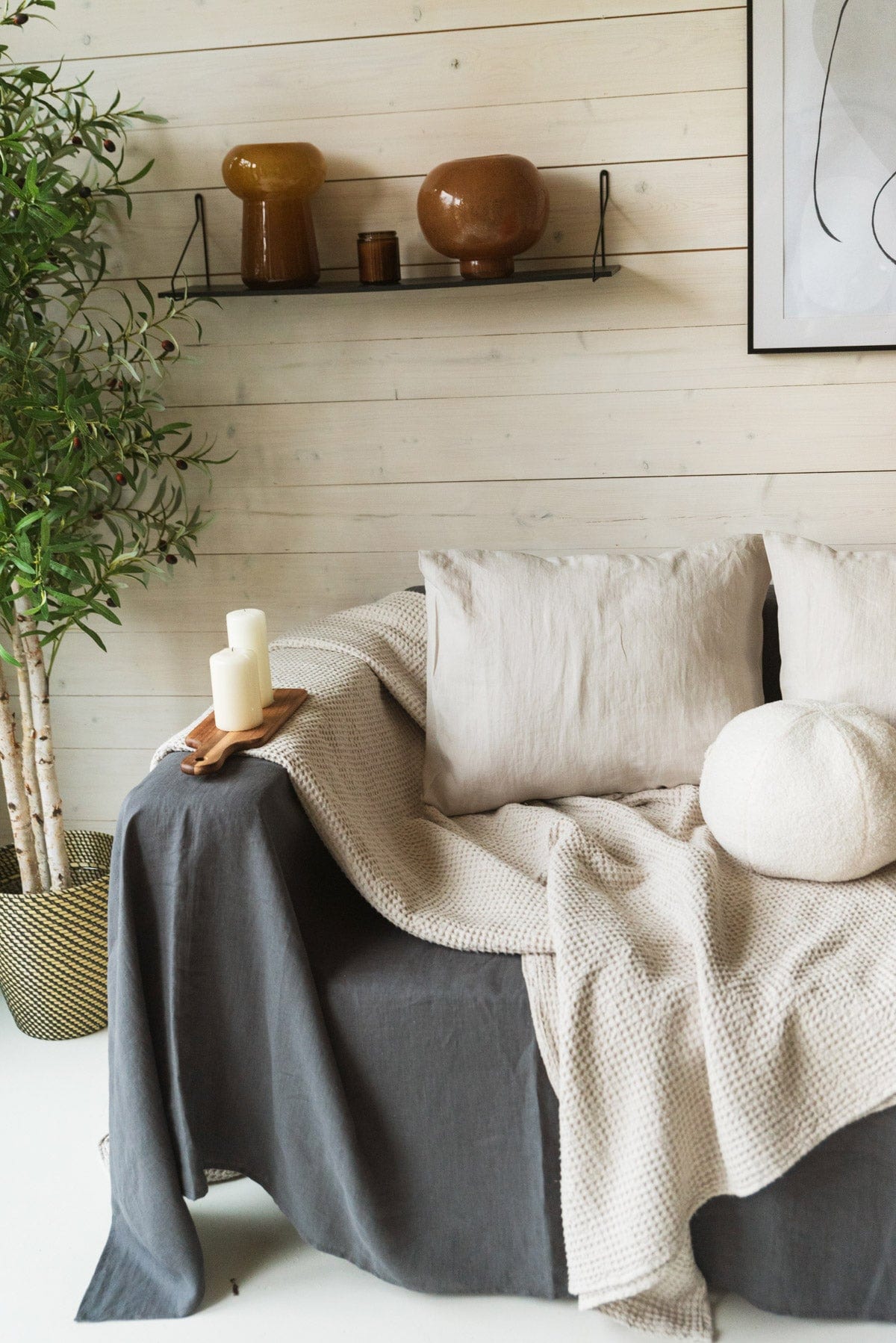 AmourLinen Leinen-Waffeldecke 53x81"/135x205cm / Creme Leinen-Waffelbettüberwurf in Creme Cremefarbener Leinenbettüberwurf | AmourLinen | Waffeldecke