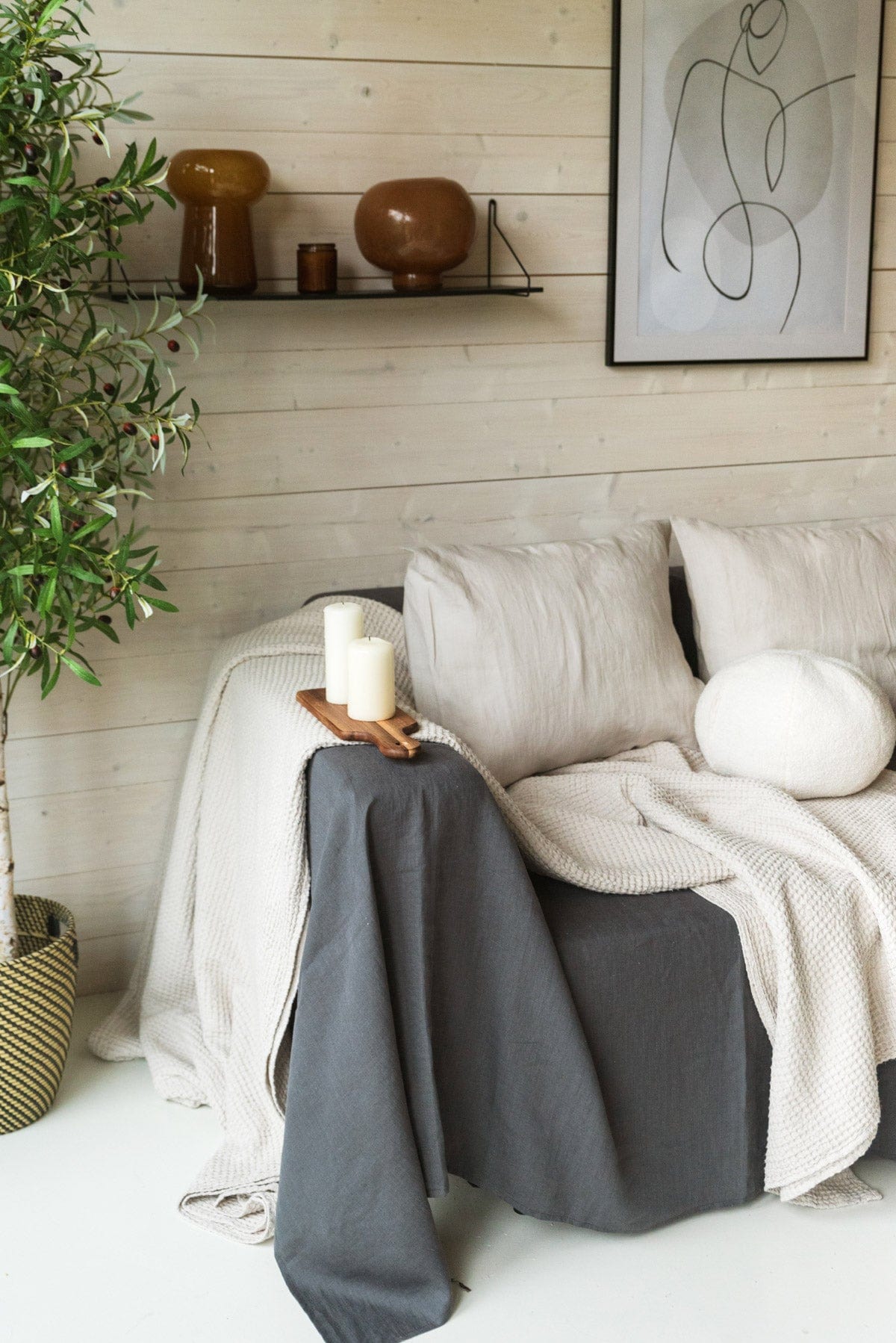 AmourLinen Leinen-Waffeldecke 53x81"/135x205cm / Creme Leinen-Waffelbettüberwurf in Creme Cremefarbener Leinenbettüberwurf | AmourLinen | Waffeldecke