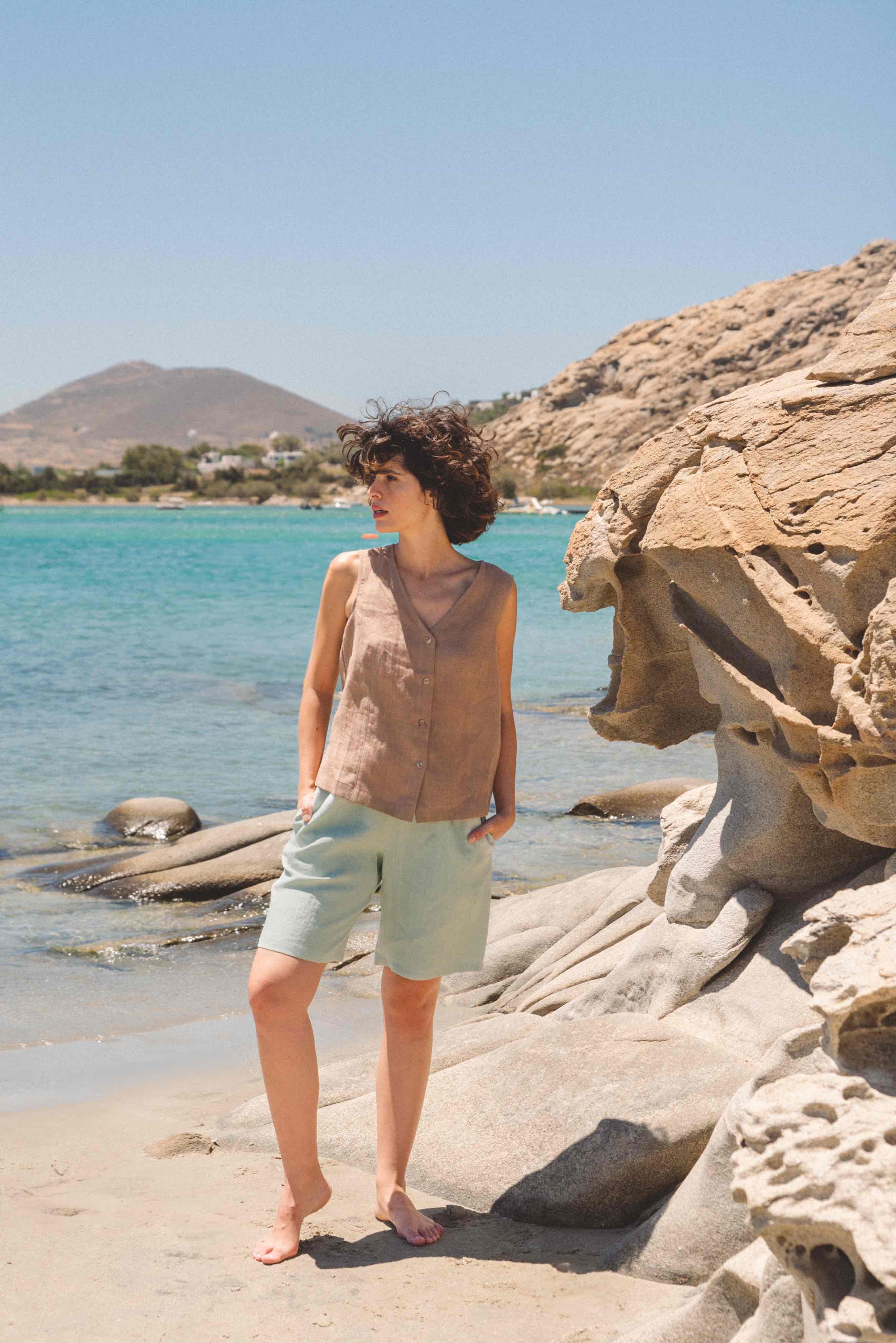 Lange Leinenshorts MATILDA - Salbeigrun