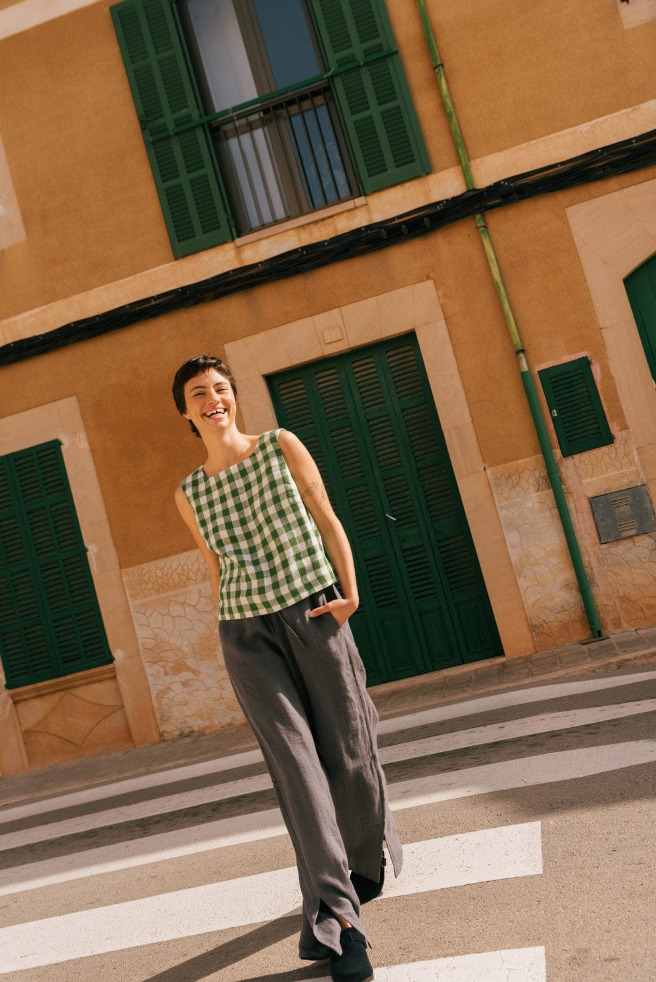 Breite Leinenhose LEAH mit Schlitzen - Anthrazit
