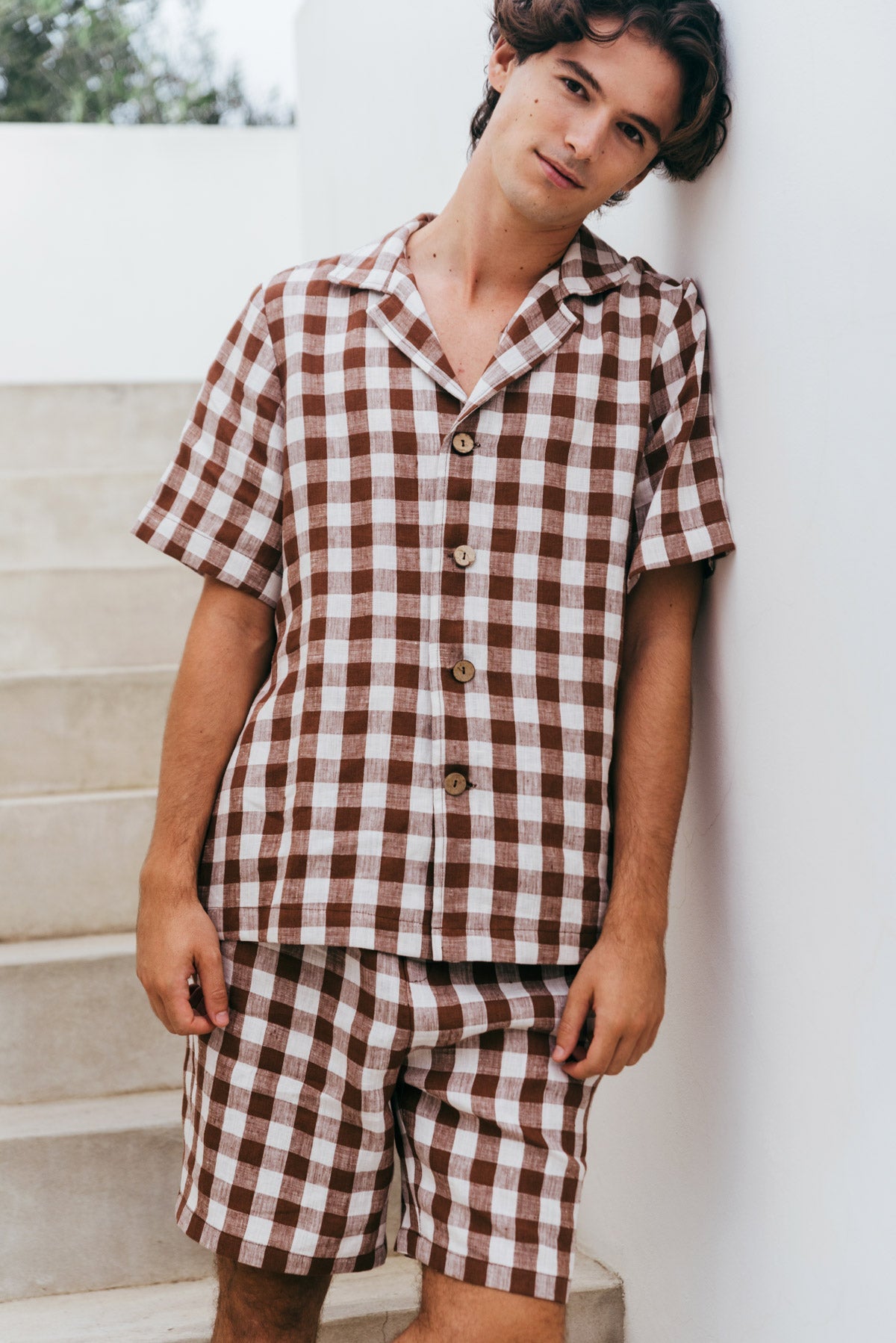 Leinen loungewear shorts set ASPEN - Mokka Gingham