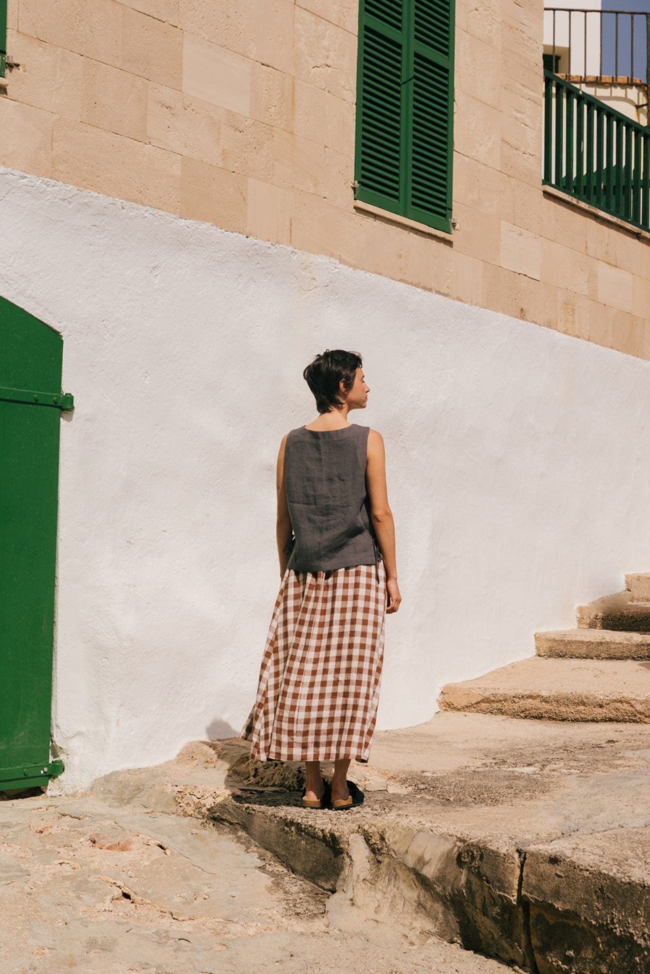 Langer Leinenrock MONA - Mokka Gingham