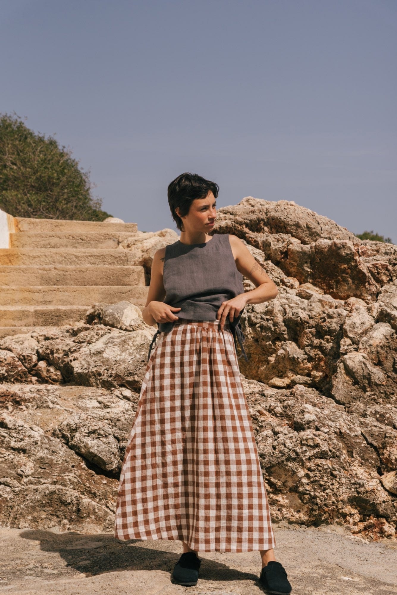 Langer Leinenrock MONA - Mokka Gingham