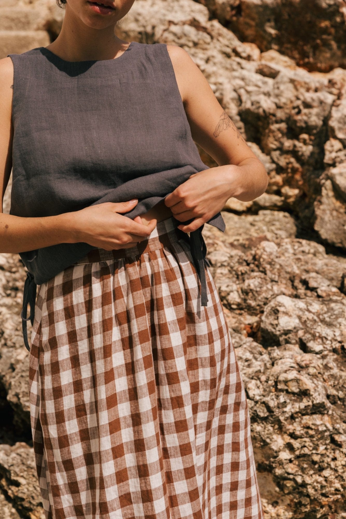 Langer Leinenrock MONA - Mokka Gingham