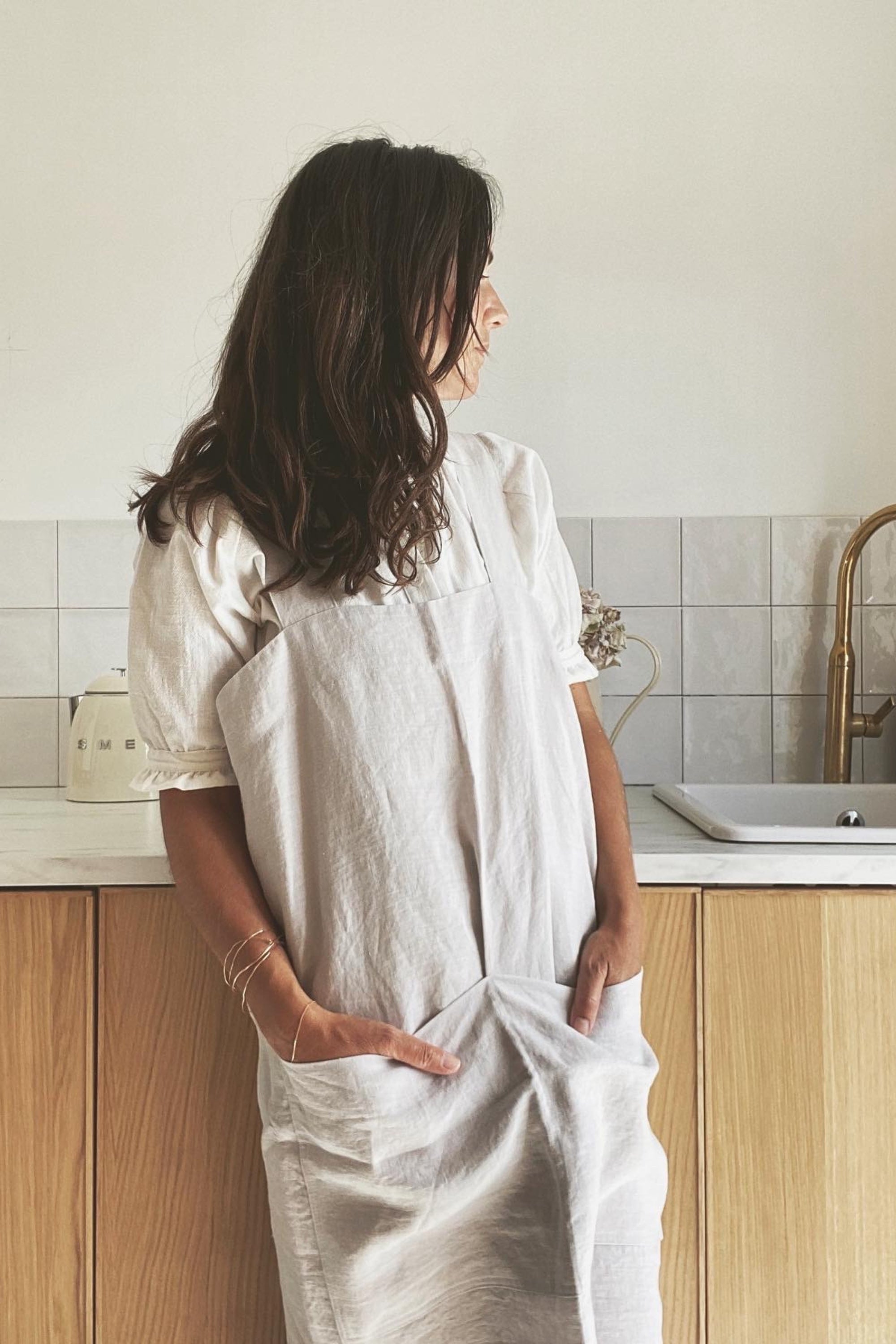 Woman Wearing Japnese Linen Apron In Cream By Amourlinen